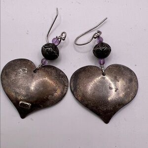 Silver Heart Earrings with Purple Accents